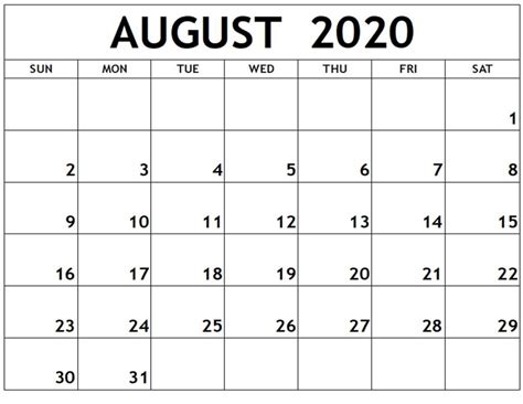 August 2020 Printable Calendar - Printable Word Searches