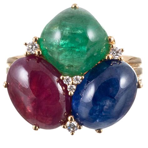 Cabochon Sapphire, Ruby & Emerald Ring with Diamonds - Fourtané