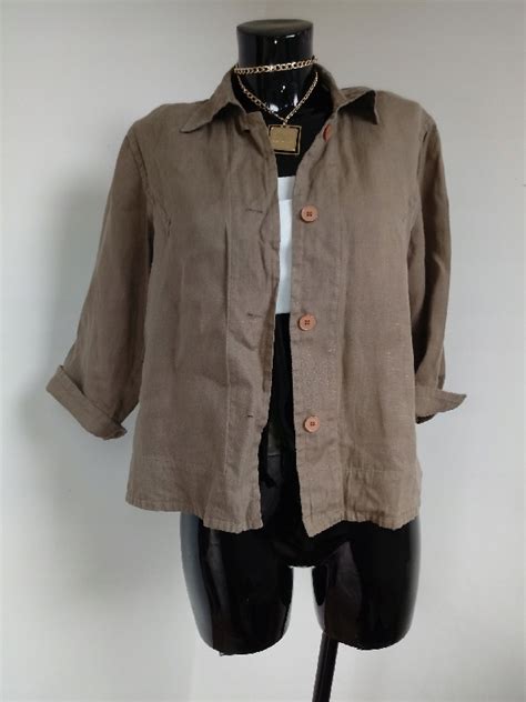 Br Zowa Lniana Marynarka Akiet Khaki M Len Koszula Wierzchnia Nude