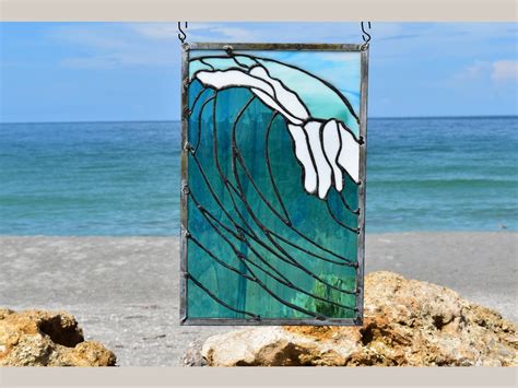 Coastal Beach Waves Stained Glass Window Panel Sun Catcher Wall Hanging Etsy