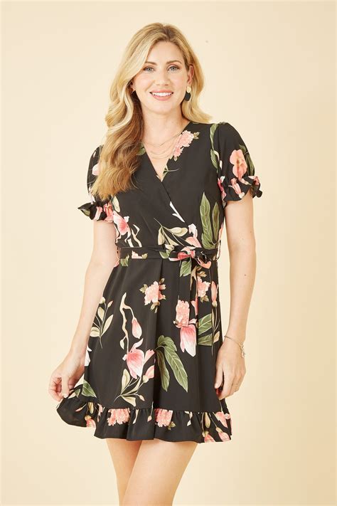 Mela Black Floral Wrap Over Dipped Hem Midi Dress Mela