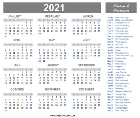 2021 Us Holidays Printable List Calendar Template Printable