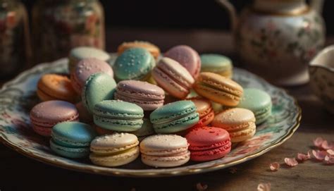 Premium AI Image Macaroons Stacked On A Pink Plate Generated By AI