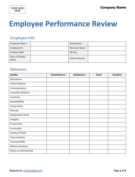 Employee Performance Review Forms Free Printable