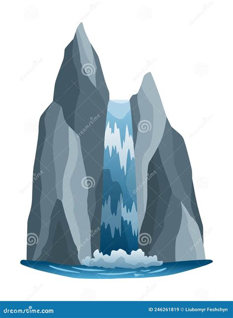 Waterfall Cartoon Landscapes With Mountains And Fir Trees