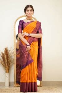 Buy Anjaneya Sarees Woven Banarasi Silk Blend Orange Sarees Online