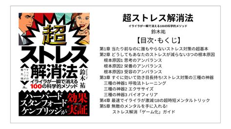 【全目次】超ストレス解消法 イライラが一瞬で消える100の科学的メソッド 鈴木祐【要約･もくじ･評価感想】 超ストレス解消法 モクホン