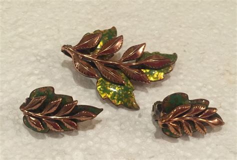 Vintage Matisse Copper Enameled Leaf Pin And Earr Gem