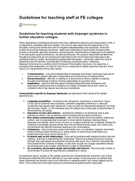 guidelines  teaching staff  asperger syndrome autism