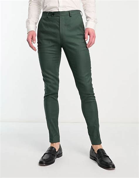 Asos Design Super Skinny Linen Mix Suit Pants In Forest Green Asos