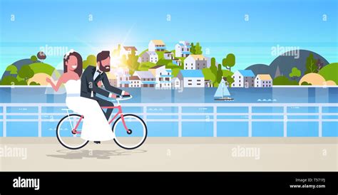 Just Married Man Woman Riding Bicycle Romantic Couple Bride And Groom