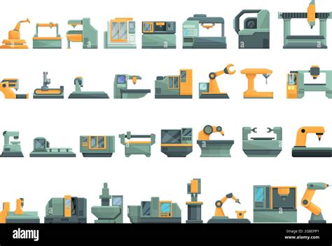 Cnc Machine Icons Set Cartoon Vector Mill Controller Industrial Tool