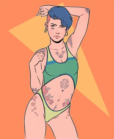 Rule 34 1girls Blue Hair Earrings Numitor Shaved Side Short Hair Simple Background Solo Tattoo