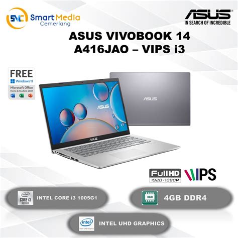 Jual ASUS VIVOBOOK 14 A416JAO I3 1005G1 4GB 256GB SSD INTEL UHD