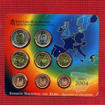 Spanien Kursmünzensatz 2004 1 Cent bis 2 Euro 8 Münzen Stgl OVP