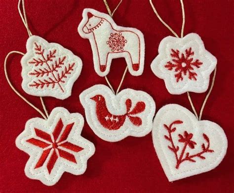 Mini Scandinavian Ornament Set Embroidered On White Felt With Red Thread Etsy Felt