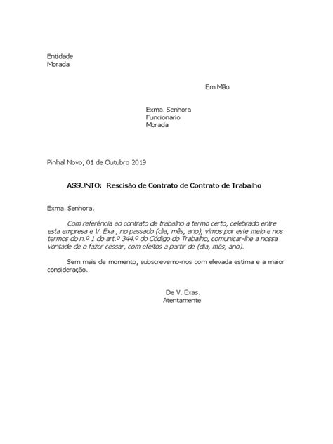 Carta Rescisão Contrato Empregador Pdf