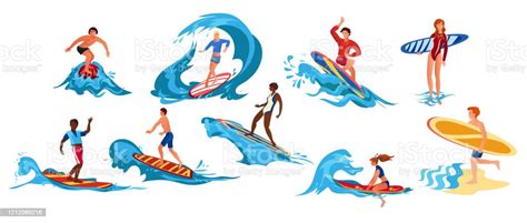 Set Of Surfers Raster Illustration In Flat Cartoon Style Stock