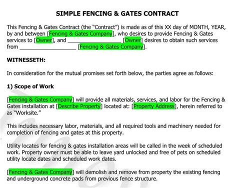 Simple Fencing Contract Fencing Contract Template Fencing And Gates