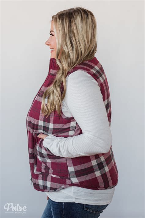 Plaid Puffer Vest Berry The Pulse Boutique