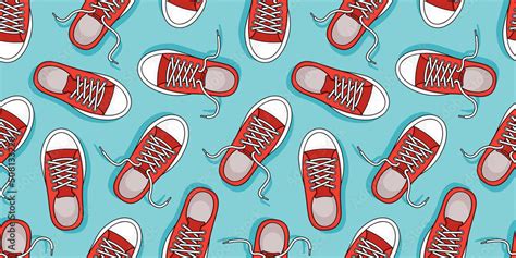 Sneakers vector seamless pattern, sport shoe background, red footwear ...