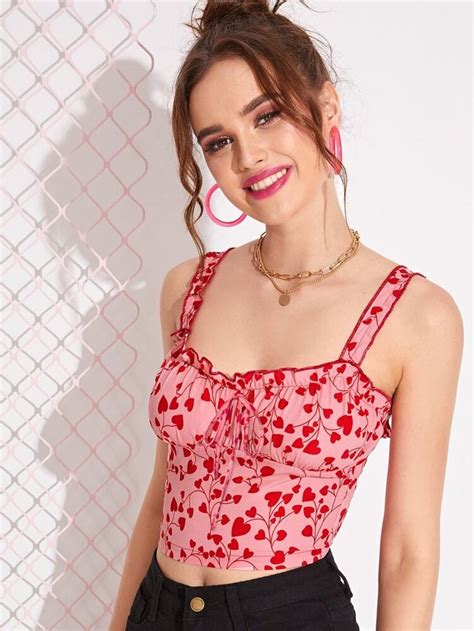 Heart Print Frill Trim Crop Top SHEIN USA Really Cute Outfits Cute