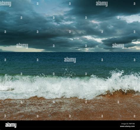 Sea and beach storm in over dark tone, Wave before the tsunami Stock ...