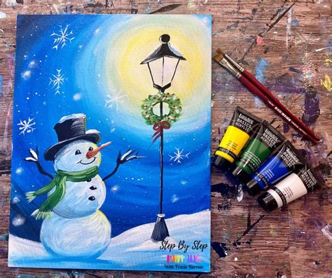 Hopeful Snowman Acrylic Painting Tutorial Snowman And A Lamppost