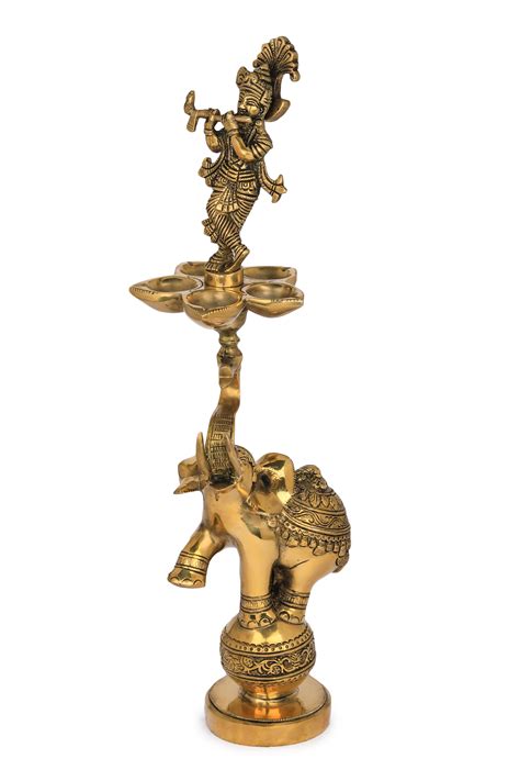 17 Lord Krishna Lamp On The Tusk Of Acrobatic Elephant In Brass Handmade Made In India