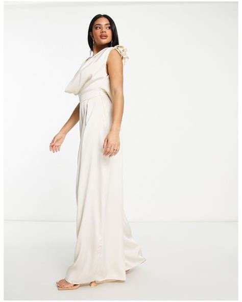 Asos Satin Corsage Plunge Neck Wide Leg Jumpsuit In White Lyst Uk