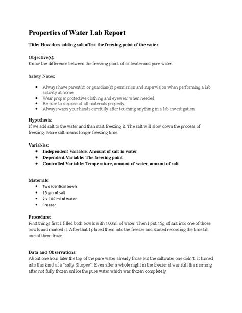 02 01 Properties Of Water Lab Report Properties Of Water Lab Report Title How Does Adding