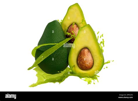 Avocado And Juice Splash Isolated On White Background High Quality