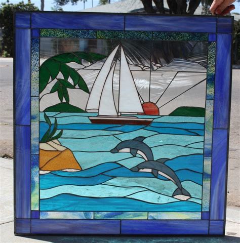 Dolphins And Sailboat Stained Glass Window Panel We Do Custom Work Please Email Me For A Quick