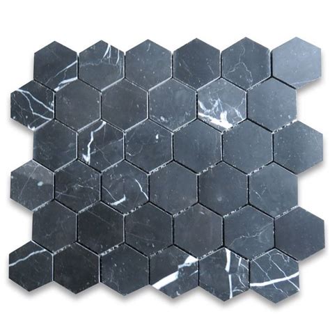 Nero Marquina Black Marble 2 Inch Hexagon Mosaic Tile Polished