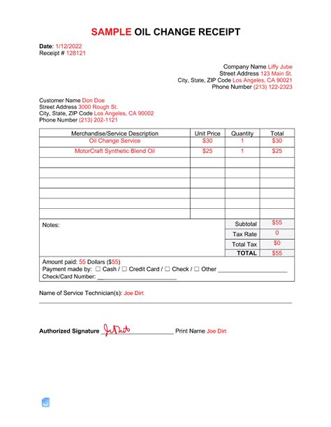 Printable Oil Change Invoice Template