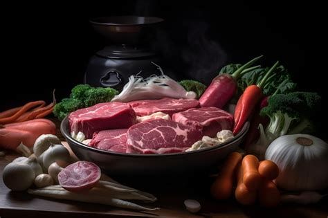 Premium AI Image Raw Fresh Meat And Fresh Vegetables For Hot Pot Shabu On A Wooden Table