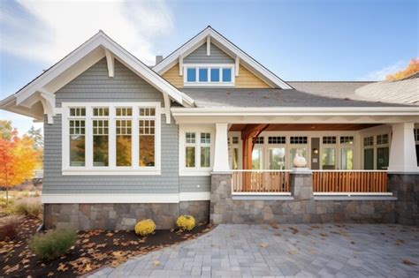 Premium Photo Shingle Style Home With Stone Accented Window Wells