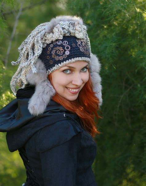 Gray Black Crochet Winter Beanie Steampunk Hat Knit Original Bonnet