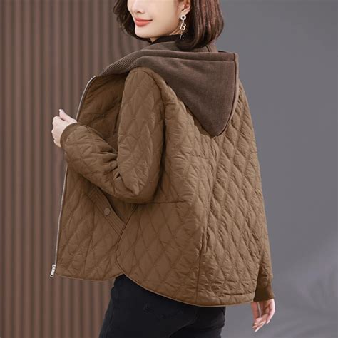 Short Rhombus Quilted Jacket For Women Lightweight Cotton Padded Coat