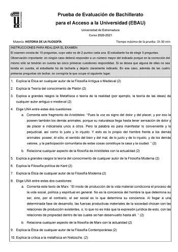 Examen De Historia De La Filosof A De Extremadura Ebau De