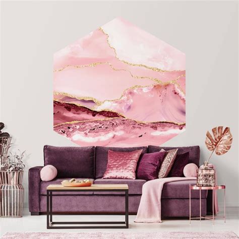 Abstrakte Berge Rosa Mit Goldenen Linien Hexagon Fototapete Kaufen