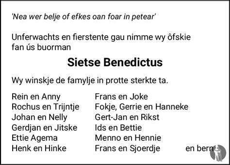 Sijtze Sietse Benedictus Overlijdensbericht En