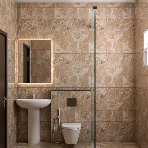 Monochromatic Bathroom Design With Full Length Marble Brown Tiles