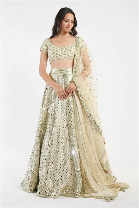 Buy Abhinav Mishra Beige Raw Silk Mirror Embellished Lehenga Set Online