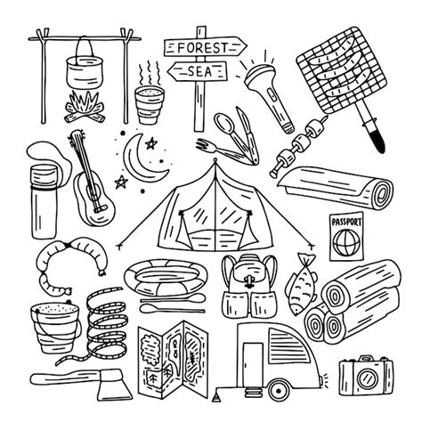 Premium Vector Hand Drawn Doodle Camping Set With Bonfire Tent Hiking