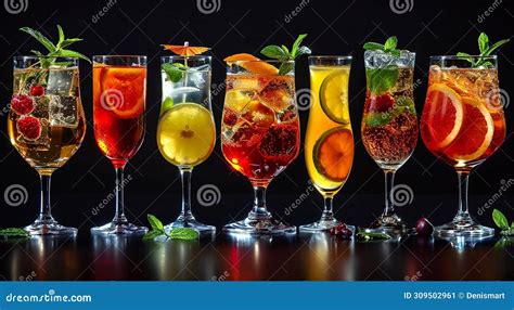 Assorted Alcoholic Cocktails With Ice Cubes And Dressing On Black