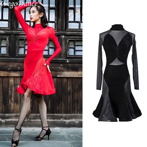 New Latin Dresses Long Sleeve Velvet Tassel Ballroom Dance Dresses Tango Costume Dance Wear