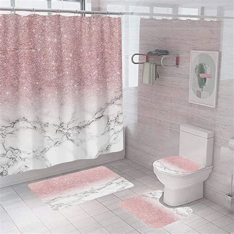 Juwute 4 Pcs Pink Shower Curtain Set With Rug Marble Bathroom Sets With 12 Hooks