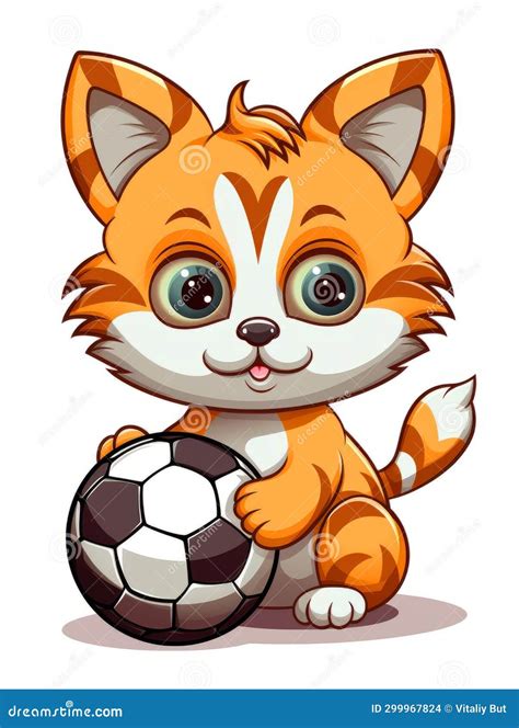 Cartoon Sticker Cute Kitten Football Player With A Soccer Ball Ai