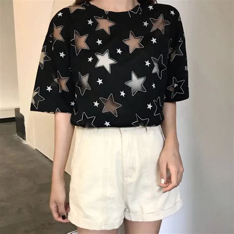 Harajuku Summer Women Tshirt Mesh Hollow Five Pointed Star Short